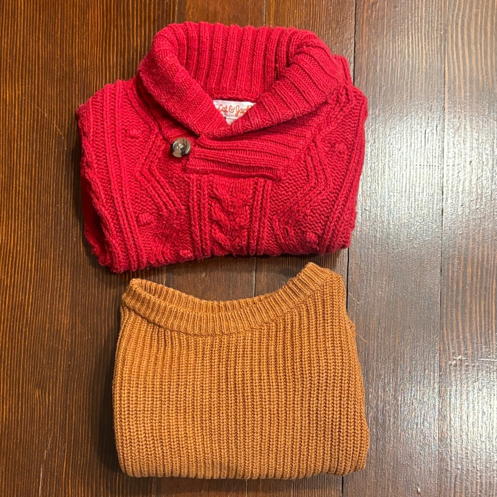 Red and Tan Cable Knit Baby Sweater Set of 2